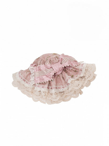 Cream/Green/Pink Lace-Trimmed Sweet Lolita Hat with Bow Accent