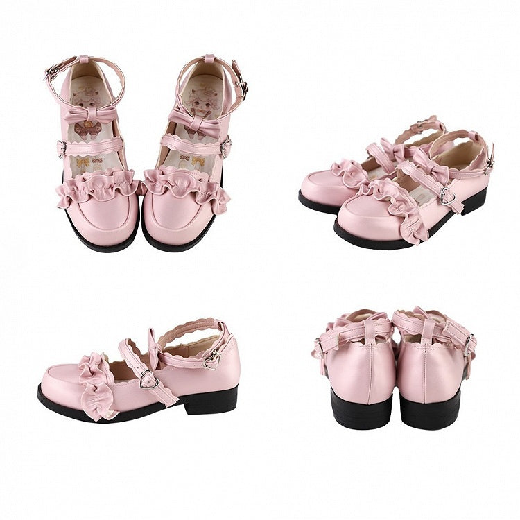 Pink Ruffles Trim Bowknot Decorated Heart Buckles Lolita Shoes