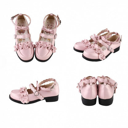 Pink Ruffles Trim Bowknot Decorated Heart Buckles Lolita Shoes