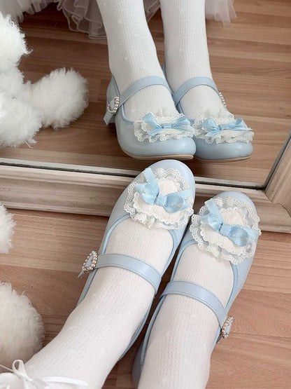 Blue Bow at Top Lace Trim Beaded Heart Buckles Lolita Shoes