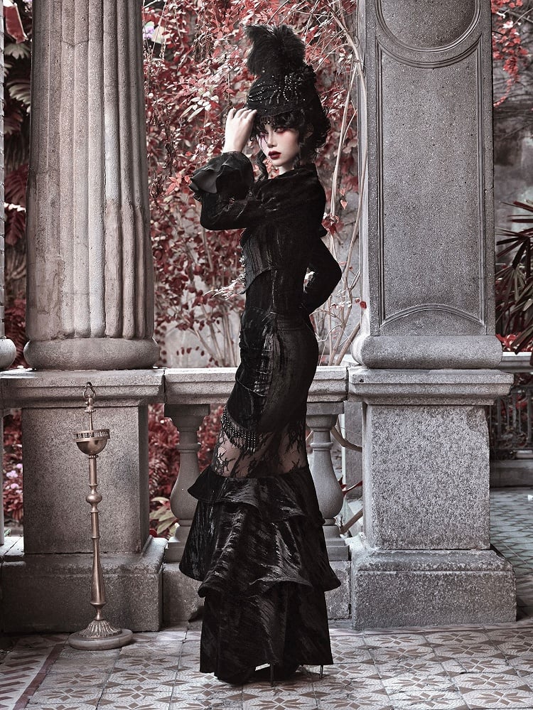 Clearance-Size M for Waist 72CM Gothic Black Velvet Vampire Mermaid Skirt with Layered Flounce Hem