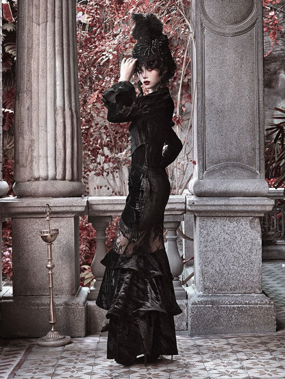 Victorian Goth Vampire Mermaid Skirt with Layered Flounce Hem and Black Pearl Tassels