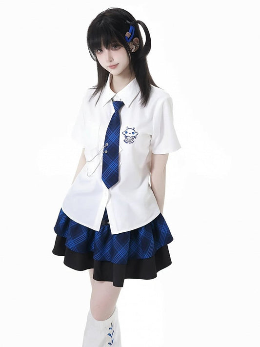 Adorable Jellyfish Embroidery White Short Sleeves Shirt with Blue Plaid Tie