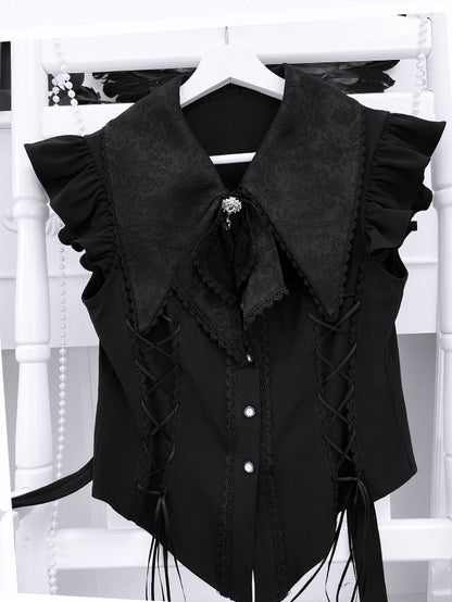 Pointed Flat Collar Flutter Sleeves Sleeveless Top with Cross Embellished Skirt Black Gothic Set