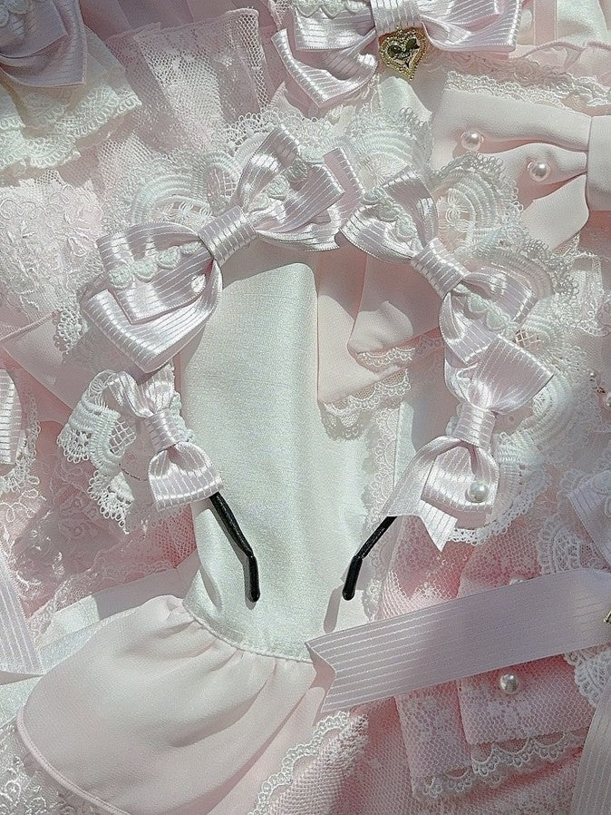 Pink Heart Decorated Striped Pattern Bowknot Details Lace Trim KC