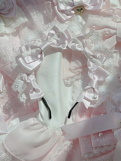 Pink Heart Decorated Striped Pattern Bowknot Details Lace Trim KC