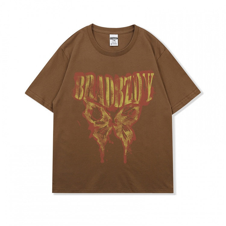 Dark Gray/Brown/Black/White Butterfly Print Vintage Loose T-Shirt