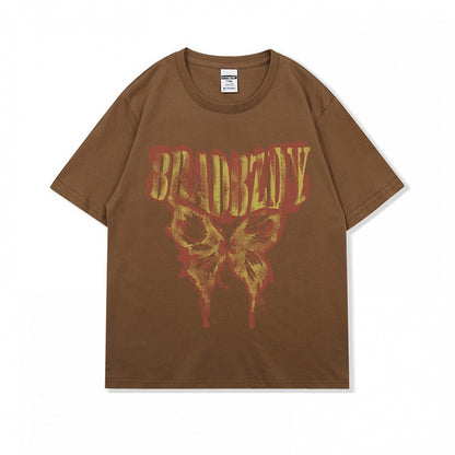 Dark Gray/Brown/Black/White Butterfly Print Vintage Loose T-Shirt