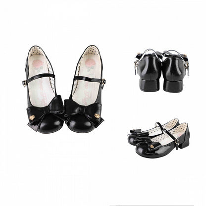 Bow at Top Black Round Toe 3cm Heel Sweet Mary Jane Shoes