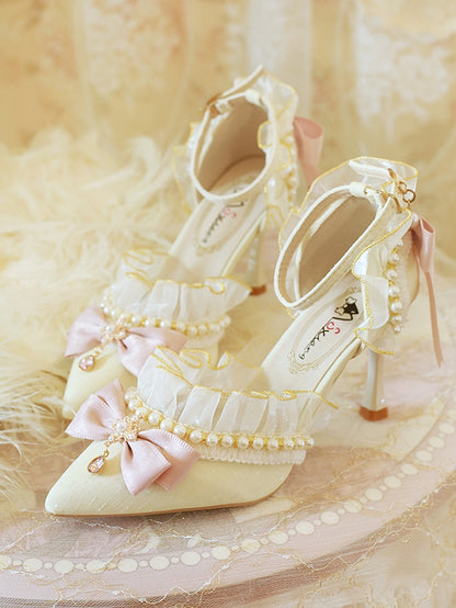 Beige Bow Accent Bead Decorated Pointed Toe Hime Lolita 5CM/8CM Heels