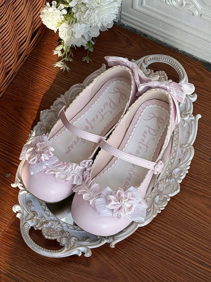 Sakura Pink Sweet Lolita Mary Janes - Low-heel Design with Floral Elements, Bow Accents & Ruffled Details