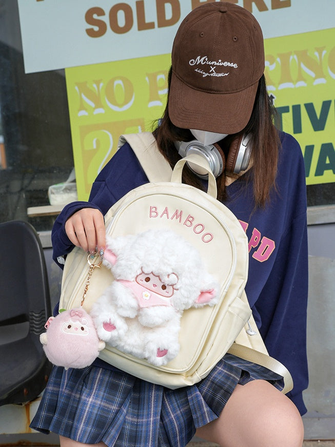 White Cute Backpack With A Detachable Lamb Doll