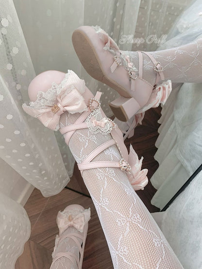Pink Sweet Lolita Bowknot Details Crisscross Design Heart Buckle Straps 2CM/5CM Block Heels Shoes