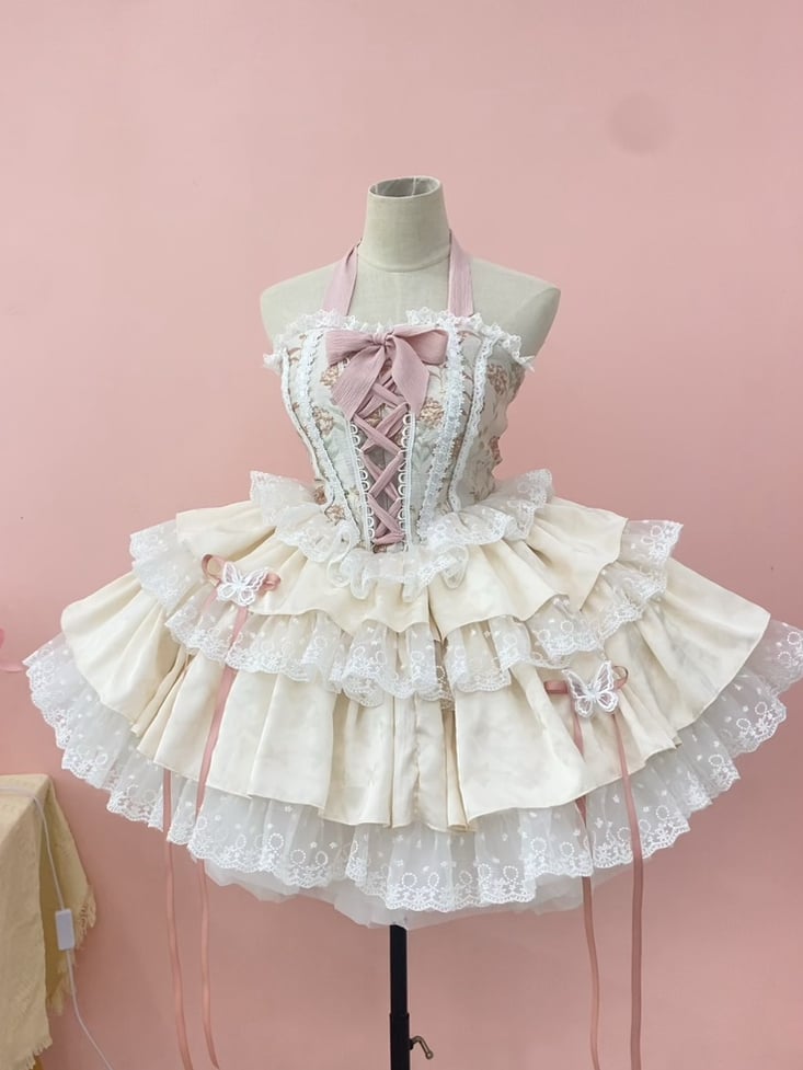 Pink Balletcore Halter Neck Boned Corset Top + Tiered Ruffle Skirt