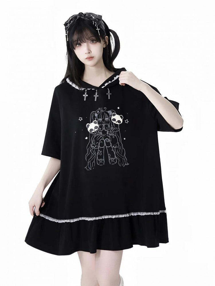Black Cross Charms Contrast Lace Trim Bittersweet Girl Print Hooded Dress