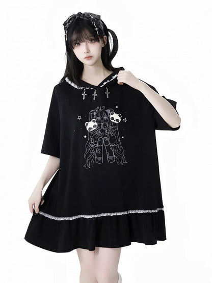Black Cross Charms Contrast Lace Trim Bittersweet Girl Print Hooded Dress