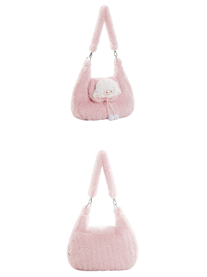 Pink Cute Little Lamb Plush Shoulder Bag With Pompons