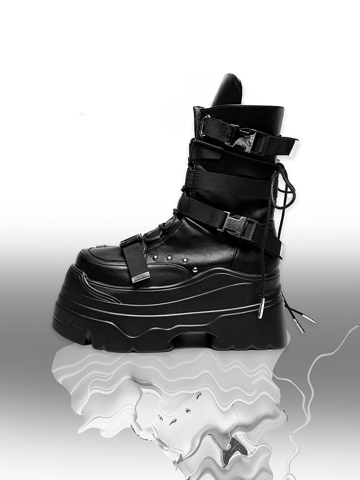 Matte Black Punk Stud Bandage Design Lace-up Details Platform Boots