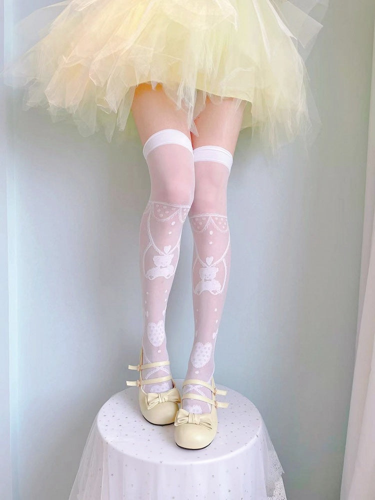 White/Black Teddy Bear and Heart Pattern Over Knee Stockings