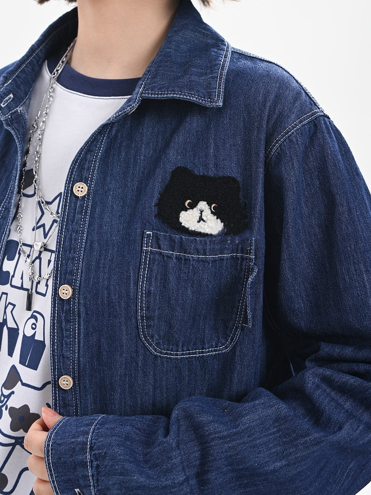 Cute Kitty Embroidery Dark Blue Faded Wash Denim Shirt