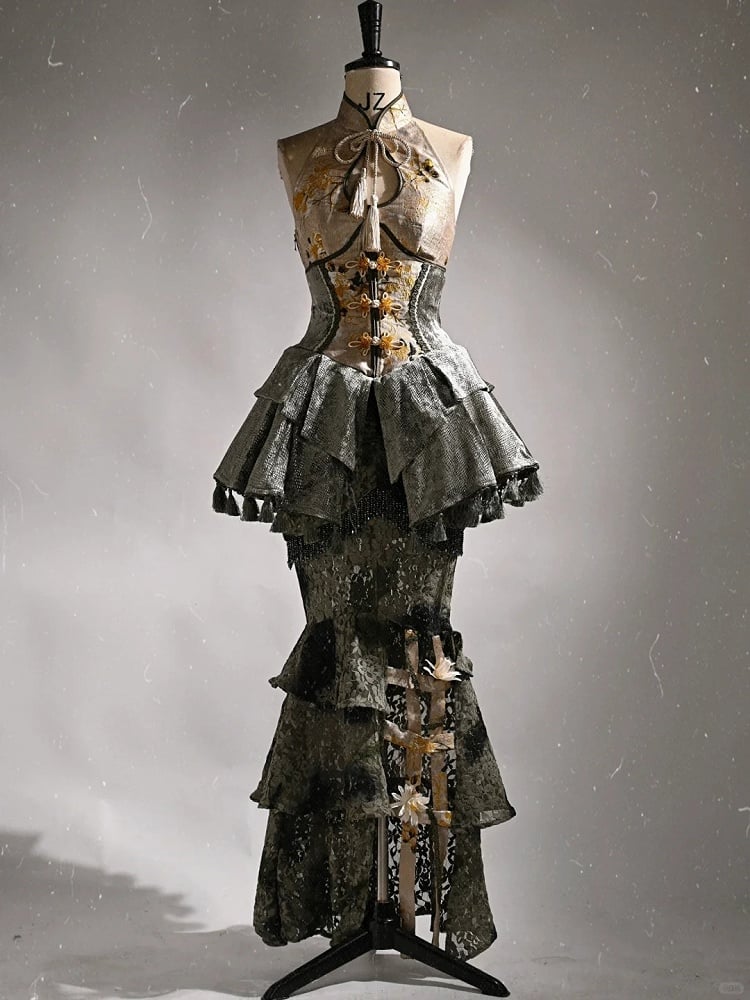 Chinoiserie Knot Buttons Boned Corset Tassels Hemline