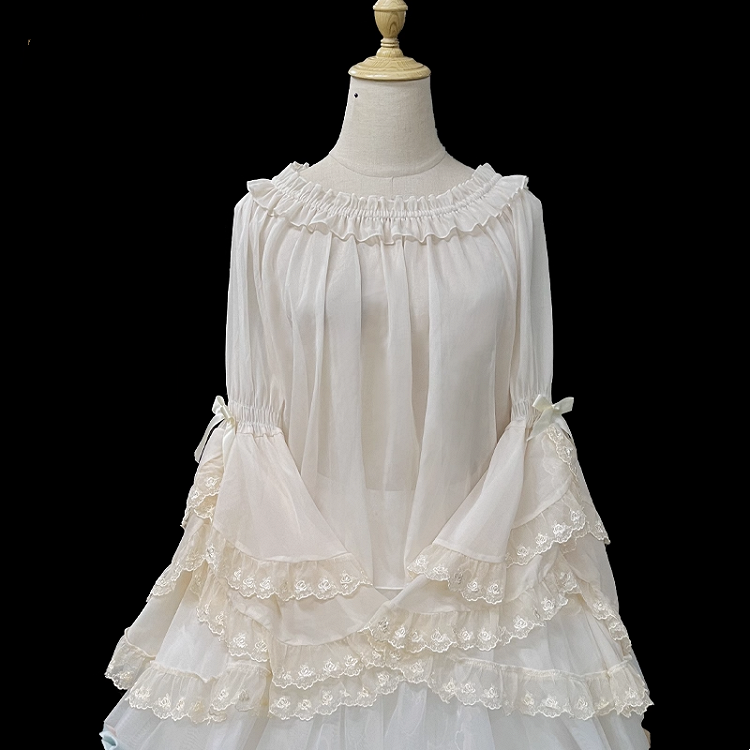 Apricot Elastic Neckline Layered Lace Cuffs Bell Sleeves Blouse