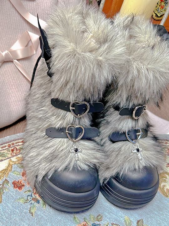 Black/Coffee/Pink/White Heart-shaped Buckle Bow Shaggy Boots