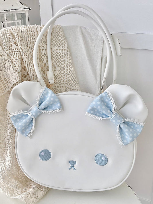 Blue&White Polka-dot Pattern Bowknot Details Bear Tote Bag