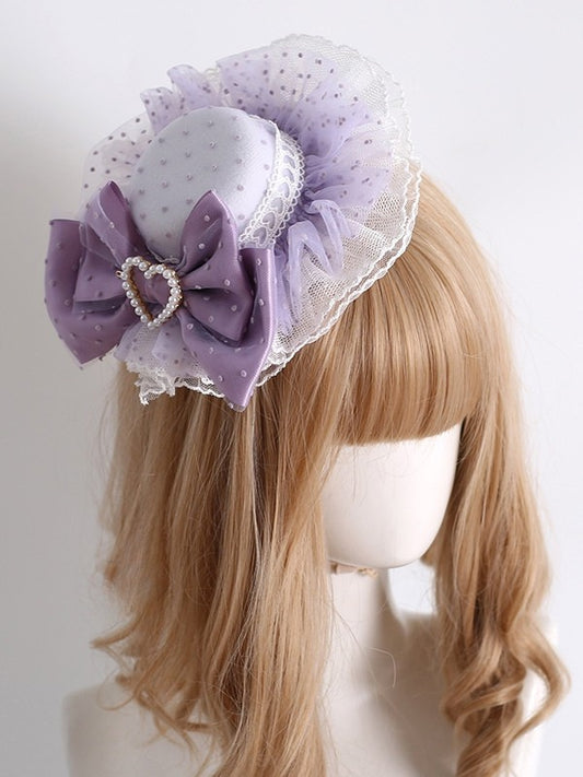 Purple Beaded Heart Decorated Bowknot Design Polka-dot Pattern Lace Trim Mini Hat
