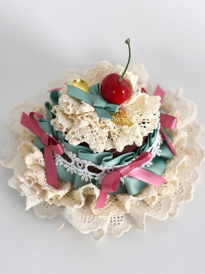 Green&Pink Sweet Lolita Bowknot Details Cherry Decorated Lace Trim Mini Hat