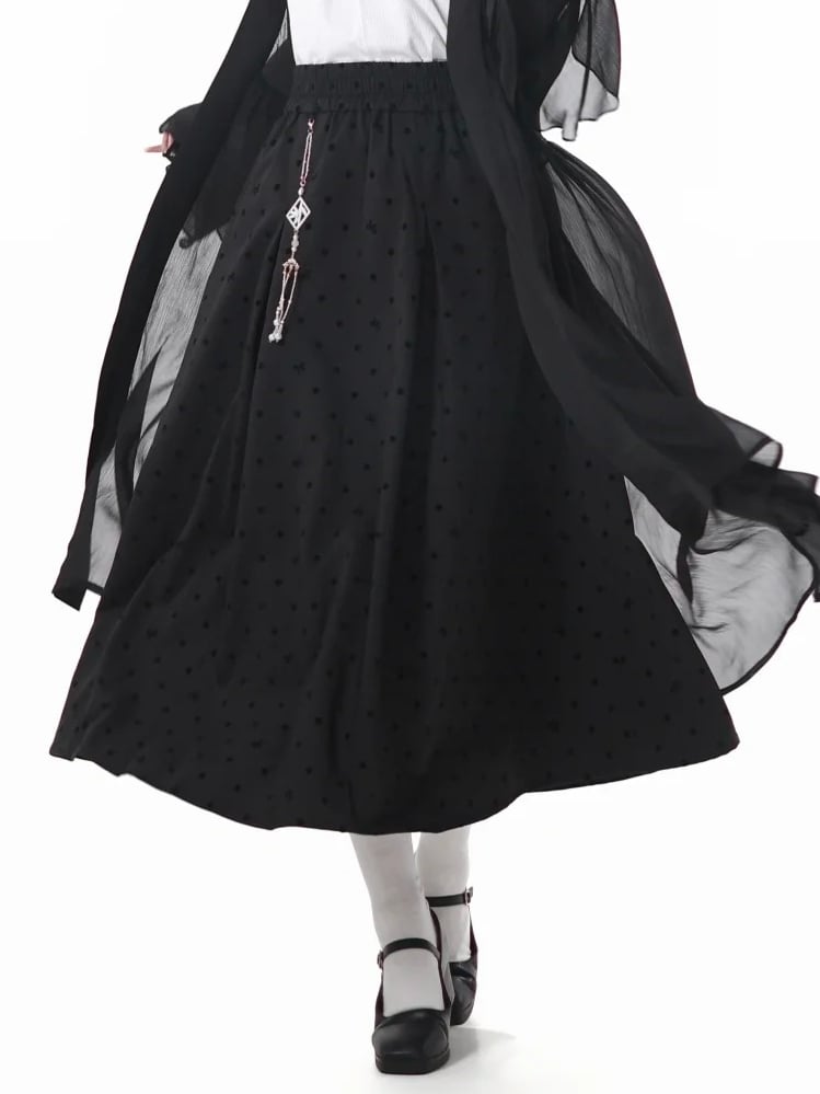Black Elastic Waist Cheongsam Style Polka-dot Skirt with Tassel Charm