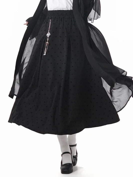 Black Elastic Waist Cheongsam Style Polka-dot Skirt with Tassel Charm