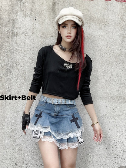 Blue Cross and Skeleton Appliques Lace Trim Glamorous Tiered Skirt