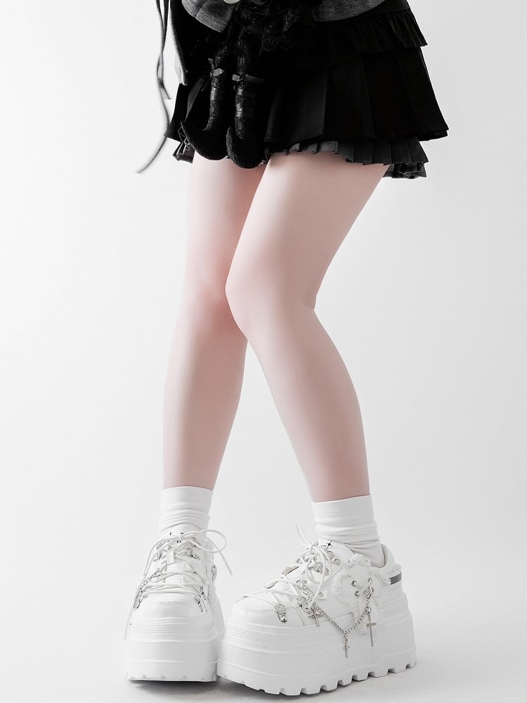 White Punk Front Lace-up Ties Design Platform Shoes With Detachable Cross Charm Chain