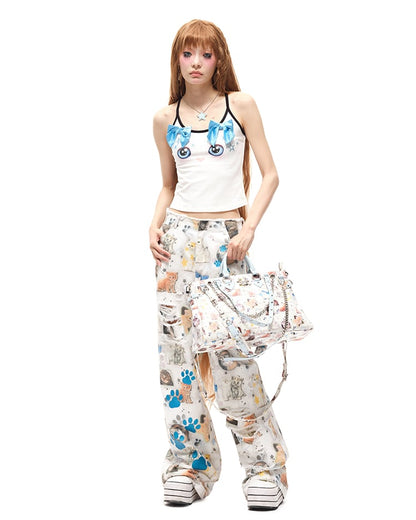 Allover Kitty Print White PU Crossbody Tote Bag Multiple Shoulder Straps