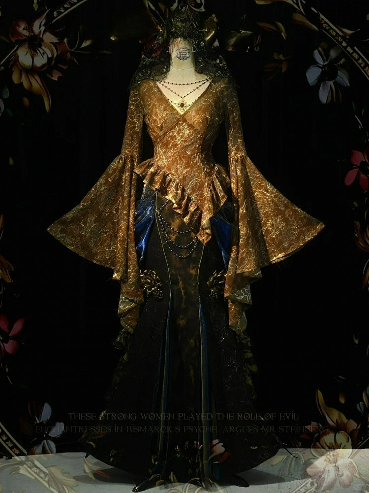 Black and Gold Victorian Goth Mermaid Skirt with Removable Roses Pin and Bead Chain