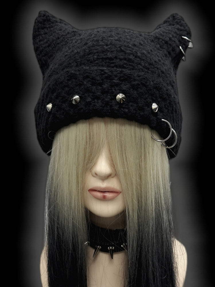 Black Punk Rock Studs Design Cat Ears Beanie