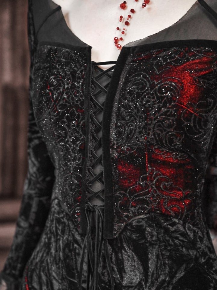 Bat Wings Shaped Neckline Romantic Goth Vampire Dress Velvet and Lace Mermaid Dress