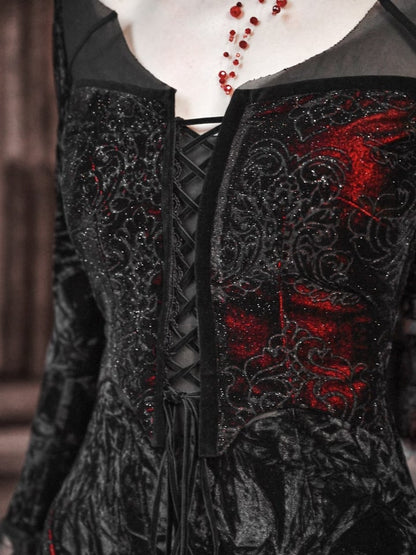 Bat Wings Shaped Neckline Romantic Goth Vampire Dress Velvet and Lace Mermaid Dress