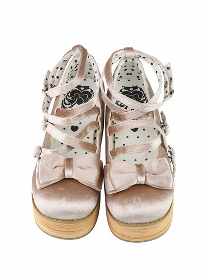 Sweet Beige Mary Janes for Lolita - Platform Heel with Bow Decor & Crossed Straps