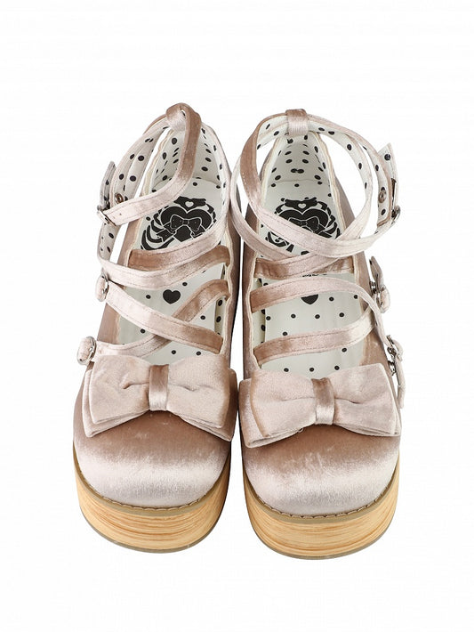 Sweet Beige Mary Janes for Lolita - Platform Heel with Bow Decor & Crossed Straps