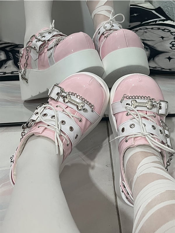 Jirai Kei Pink Y2K Bone Design Buckle Strap Platform Shoes