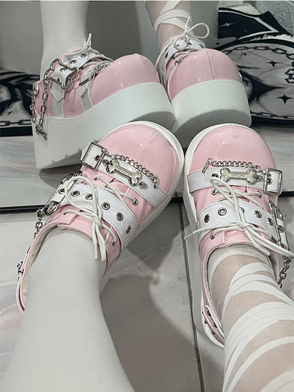 Jirai Kei Pink Y2K Bone Design Buckle Strap Platform Shoes