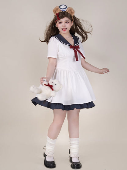 Plus Size White Sailor Collar Basque Waist Summer Dress