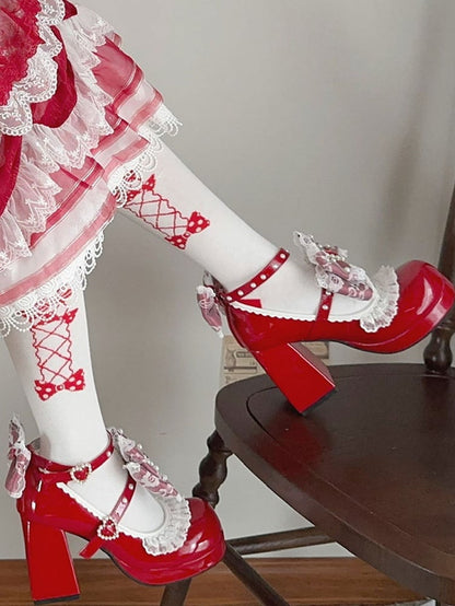 Polished Red Detachable Rhinestone And Beaded Decorated Bowknot Lace Trim Platform High Block Heels