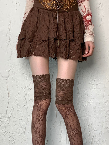 Brown Wasteland Punk Lace Trim Overknee Stockings