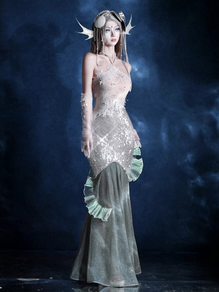 Beaded Halter Neck Shining Sequins Mermaid Dress Fairy Goth Vacation Bodycon Dress