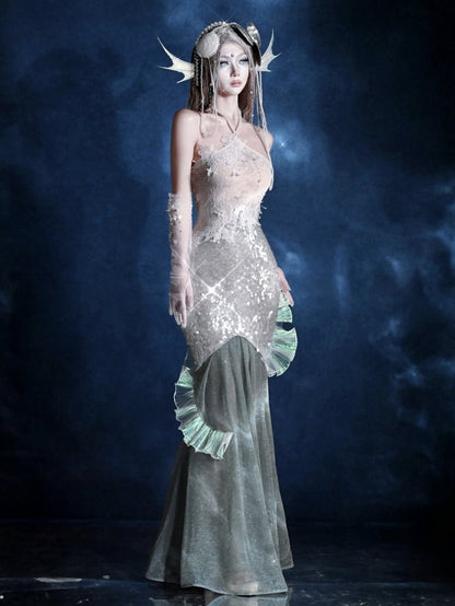 Beaded Halter Neck Shining Sequins Mermaid Dress Fairy Goth Vacation Bodycon Dress