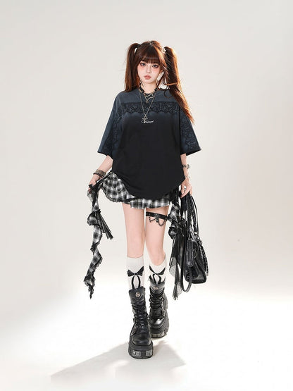 Gradient Black/White Round Neck Loose T-shirt