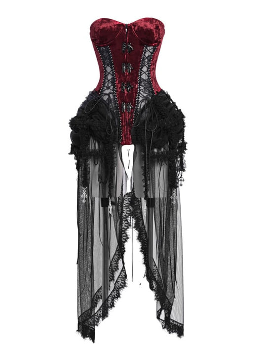 Gothic Vampire Black and Wine Red Birdcage Skirt and Bustier Corset Set